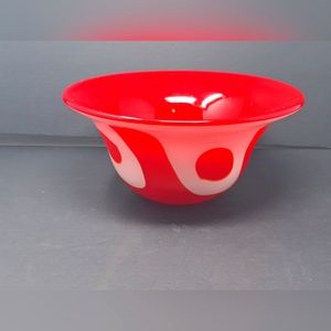 Hand Blown Red And White Art Glass Bowl